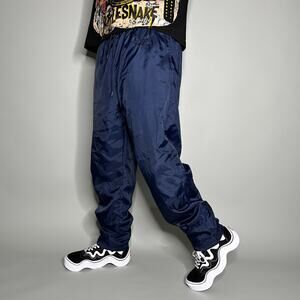 Vintage 90s Reebok Track Pants Mens L Navy Blue Nylon Subtle Logo Ankle Zippers
